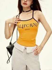 Rina Fox Camiseta de tirantes con impresión de letras y ribete de contraste con cordón en la espalda para mujeres - Amarillo - Ver 5