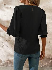 SHEIN Clasi Women Spring Round Neck Mid Sleeve Loose Blouse For Vacation - Black - View 2