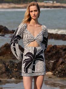 Lumivelle Vestido corto de manga larga con diseño de lunares y palmeras en estilo de vacaciones para mujeres