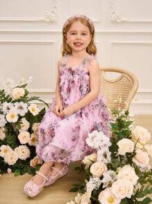SHEIN Glamorique Kids Young Girl' Ruffled Floral Print Strap Layered Dress, Spring/Summer - Baby Pink - View 5