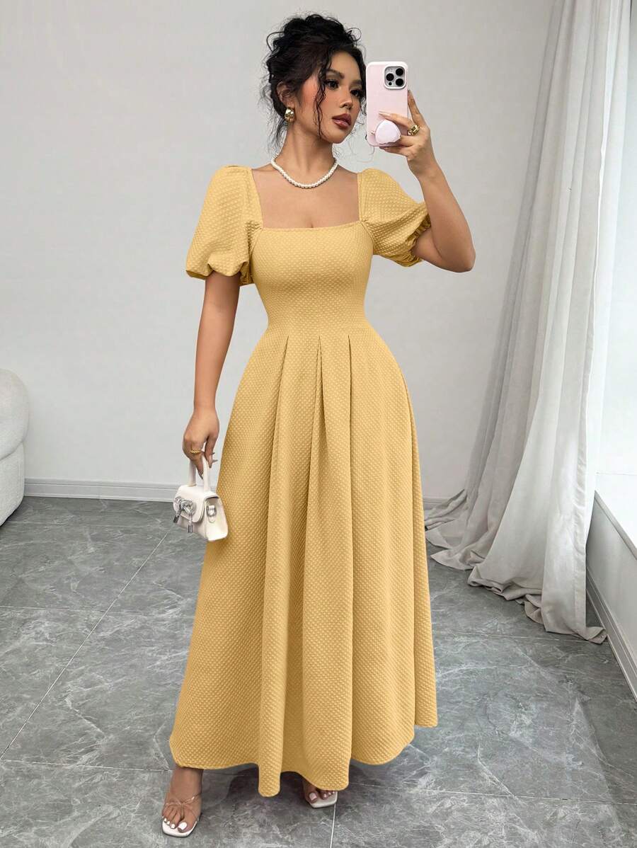 Chiquease Vestido largo con cuello cuadrado rosa, mangas abullonadas fruncidas y lazo en la espalda para mujer