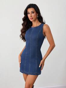 SHEIN Tall فستان مصغر من الجينز للنساء، كاجوال ضيق اللياقة البدنية أزرق بدون أكمام