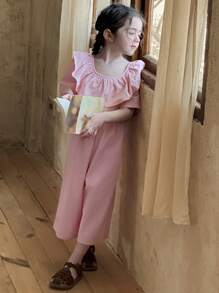 DAZY Young Girl Plain Ruffle Collar Sleeveless Jumpsuit,Girls Summer Outfits - Pink - View 7