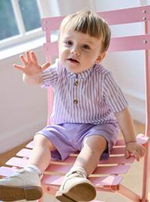 Souflis Souflis Set 2 Potong Baju Lengan Pendek Berkerah Tegak Bergaris dan Celana Pendek Kasual Ungu untuk Bayi Laki-laki - Purple - View 4
