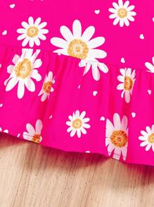 Baby Girl Daisy Print Ruffle Hem Cap Sleeve Dress, Summer - Multicolor - View 5