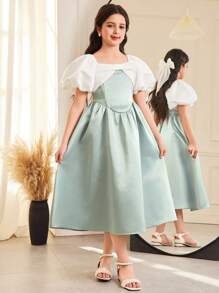 SHEIN فستان أميرة بياقة مربعة بأكمام قصيرة وتصميم جاكار للفتيات المراهقات - أخضر - مشاهدة 6