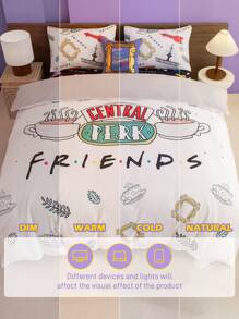 FRIENDS X SHEIN Ensemble de literie blanc avec l'impression de la tasse de café Central Perk, Cadeaux