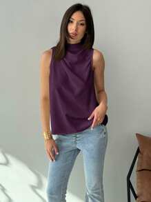 Aloruh Camisa tejida con línea H con plisado sin mangas blanca para mujer, ideal para ir y venir, primavera/verano - Rojo violeta - Ver 4