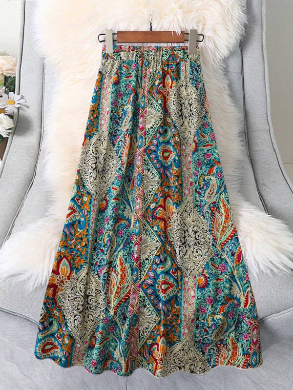 SHEIN LUNE Plus Size Elastic Waist Allover Print Casual/Resort Skirt