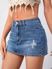 Minifalda de mezclilla lavada y rasgada de verano casual para mujer - Azul lavado medio 2 - Ver 3
