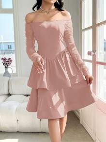 Modelyn Women's Solid Color Off Shoulder Ruched Long Sleeve Ruffle Hem Elegant Mid-Length Dress - Pink - View 6