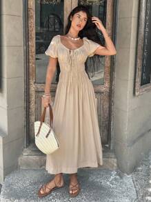 Siren Gaze Women's Solid Color Front Tie Waist Pleated Dress,Vacation Outfits Women,Summer Dresses For Women