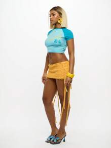 SUMWON WOMEN Áo thun ngắn tay họa tiết caribbean Y2k phong cách bóng chày Raglan cho bé mùa hè - Màu xanh lam - Xem 4