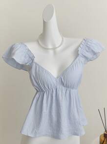 Elamini Blue Cute Girl Ruffle Trim Sexy Backless Low Neck Short Camisole Top