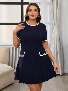 SHEIN Frenchy Đầm thường ngày cổ tròn peplum viền thanh lịch tay ngắn cỡ lớn cho nữ - Màu xanh hải quân - Xem 9