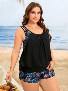 Swim Lushoire 2pcs Plus Size Women's Digital Print Wide Strap Tummy Control Racerback Tankini Swimsuit, Suitable For Beach & Holiday For Summer Beach Vacation - Multicolor - View 4