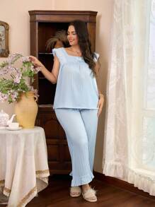 Côtesoire Plus Size Minimalist Romantic Ruffle Trim Pajama Set - Baby Blue - View 3