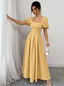 Chiquease Vestido largo con cuello cuadrado rosa, mangas abullonadas fruncidas y lazo en la espalda para mujer