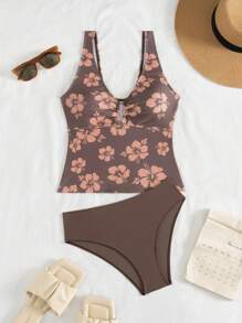 Swim Lushoire Swim Chicsea 女士随机印花吊带比基尼上衣和纯色下装套装 - 咖啡棕 - 查看 4