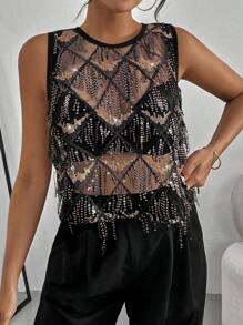 Siren Gaze 女士休闲音乐节网眼透视亮片短款背心 - 彩色 - 查看 3