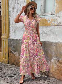 EMERY ROSE V-Neck Printed Summer Casual/Holiday Dress For Women, Flared Sleeves, Ruched Waist, Frill Hem,Summer Dresses For Women