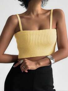 DAZY Women Solid Fitted Ribbed Knit Crop Top Y2k - Yellow - View 3