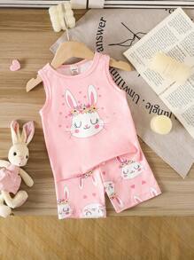 2pcs/Set Toddler Girls' Cute Rabbit Pattern Knit Round Neck Tank Top And Tight Shorts Casual Outfit, Spring/Summer - Pink - View 3