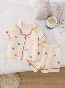 2pcs/Set Baby Girl Colorful Heart Pattern Contrast Color Watermelon Red Casual Shorts And Short Sleeve Top, Simple & Fashionable Homewear - Multicolor - View 8