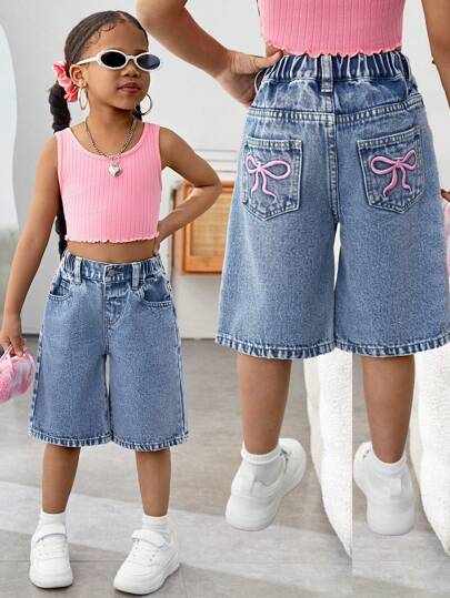SHEIN Young Girl' Y2K 2025 New Pink Bow Knot Embroidered Blue Loose Easter Denim Shorts