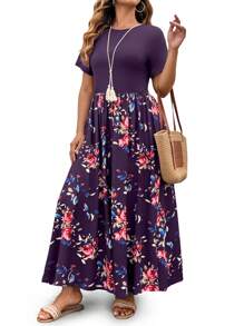 SHEIN Clasi Vestido casual de punto con flores y bolsillos laterales para mujer de talla grande, con cintura favorecedora, apropiado para el día a día y vacaciones en la playa