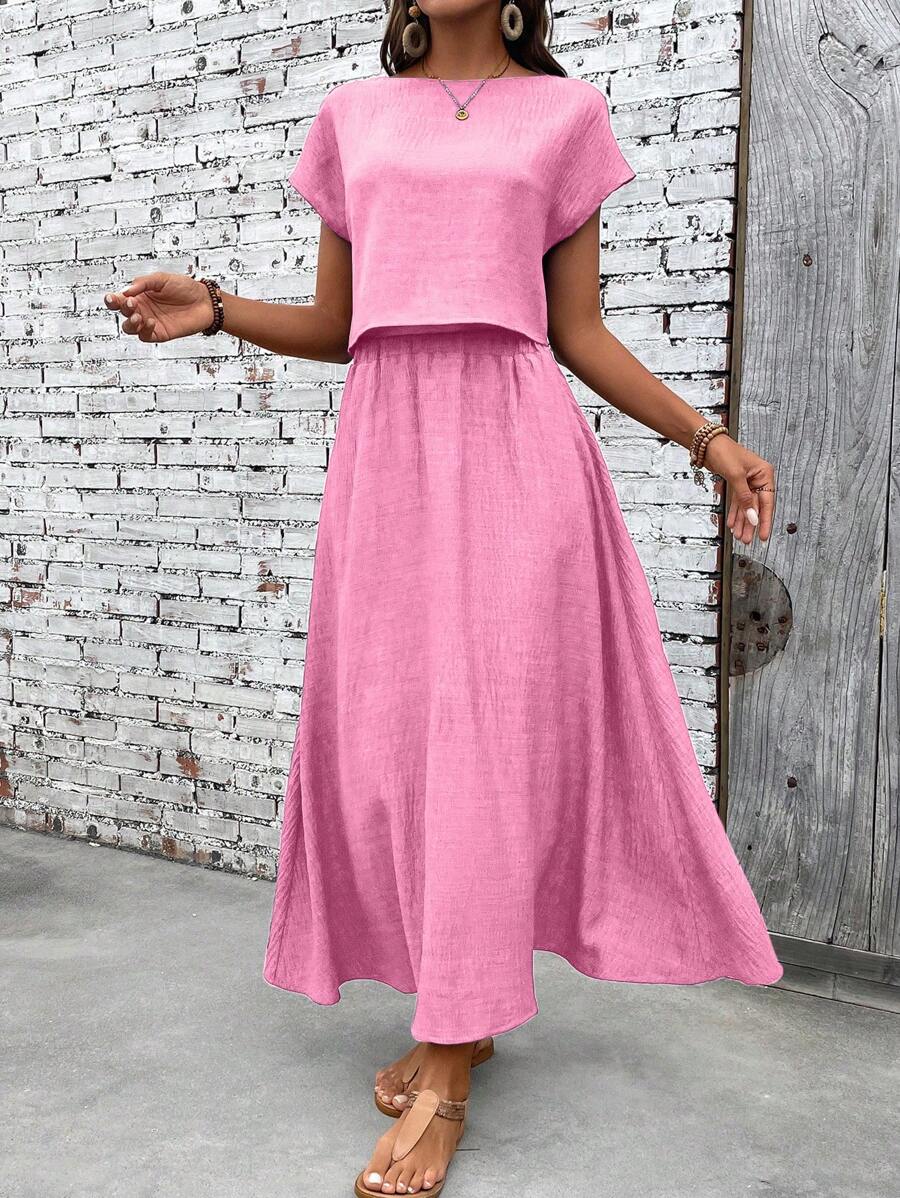 EMERY ROSE Bộ 2 món áo thun tay ngắn màu trơn đơn giản mùa hè dành cho nữ và chân váy - Hồng - Xem 1