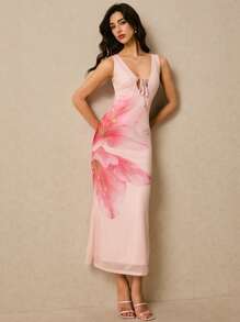 Poéselle Women's Mesh Floral Print V-Neck Backless Romantic Holiday Dresses Long Dresses Lace-Up Decoration Comfortable, Fashionable Suitable For Summer - Baby Pink - View 2