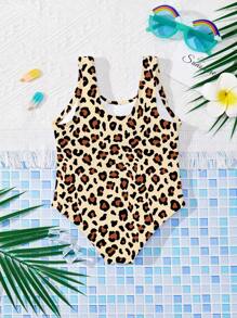 SHEIN Leap Crew Baby Girls Leopard Print Casual Skinny Fit One-Piece Swimsuit, Suitable For Summer - Khaki - View 2