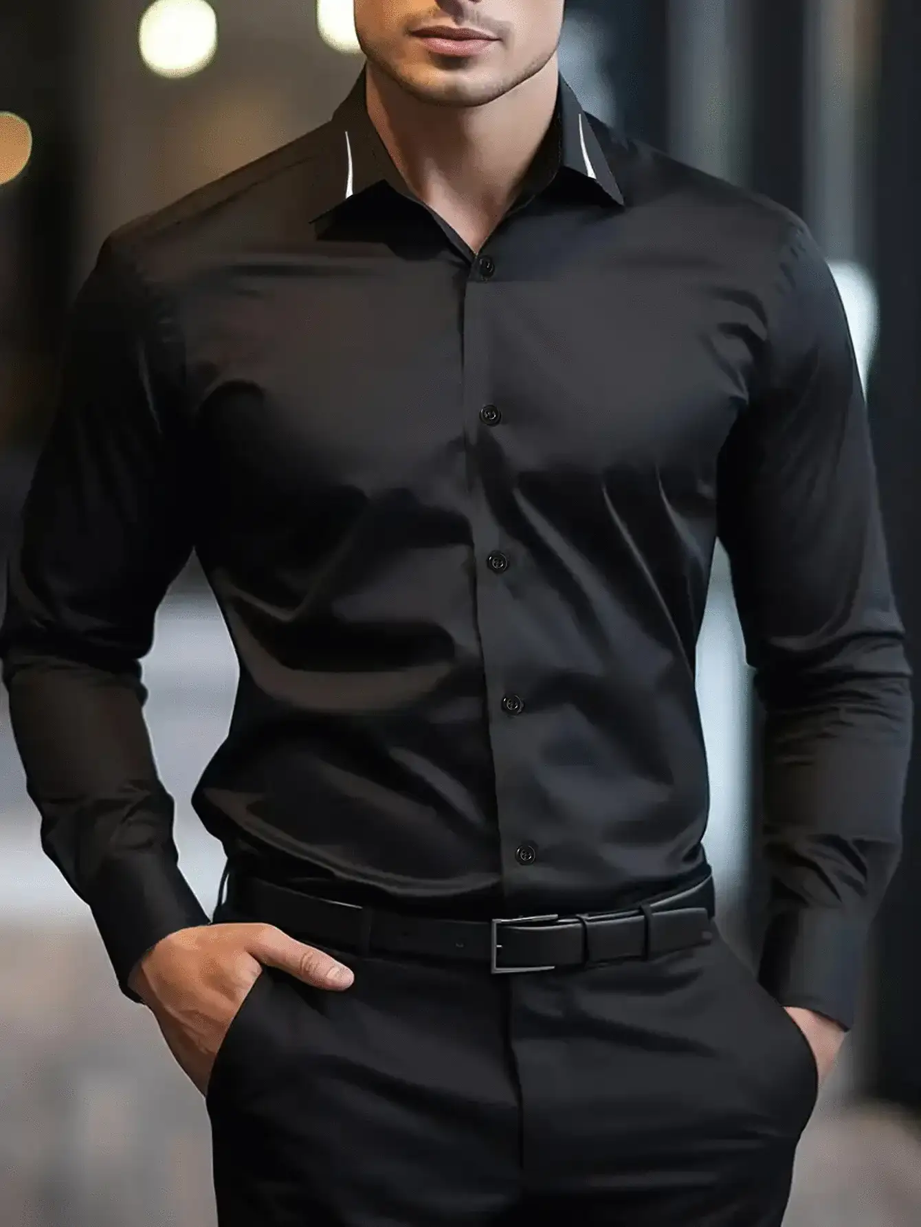 Manfinity Mode Solid Color Men's Long Sleeve Shirt, Minimalist & Fashionable, Suitable For Summer - Black - View 7