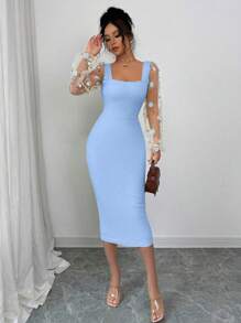 Elenzga Váy len bó sát bodycon ren hoa cổ vuông thanh lịch, tay lỡ, xuyên thấu, nhún bèo cho kỳ nghỉ hè - Màu xanh lam - Xem 3