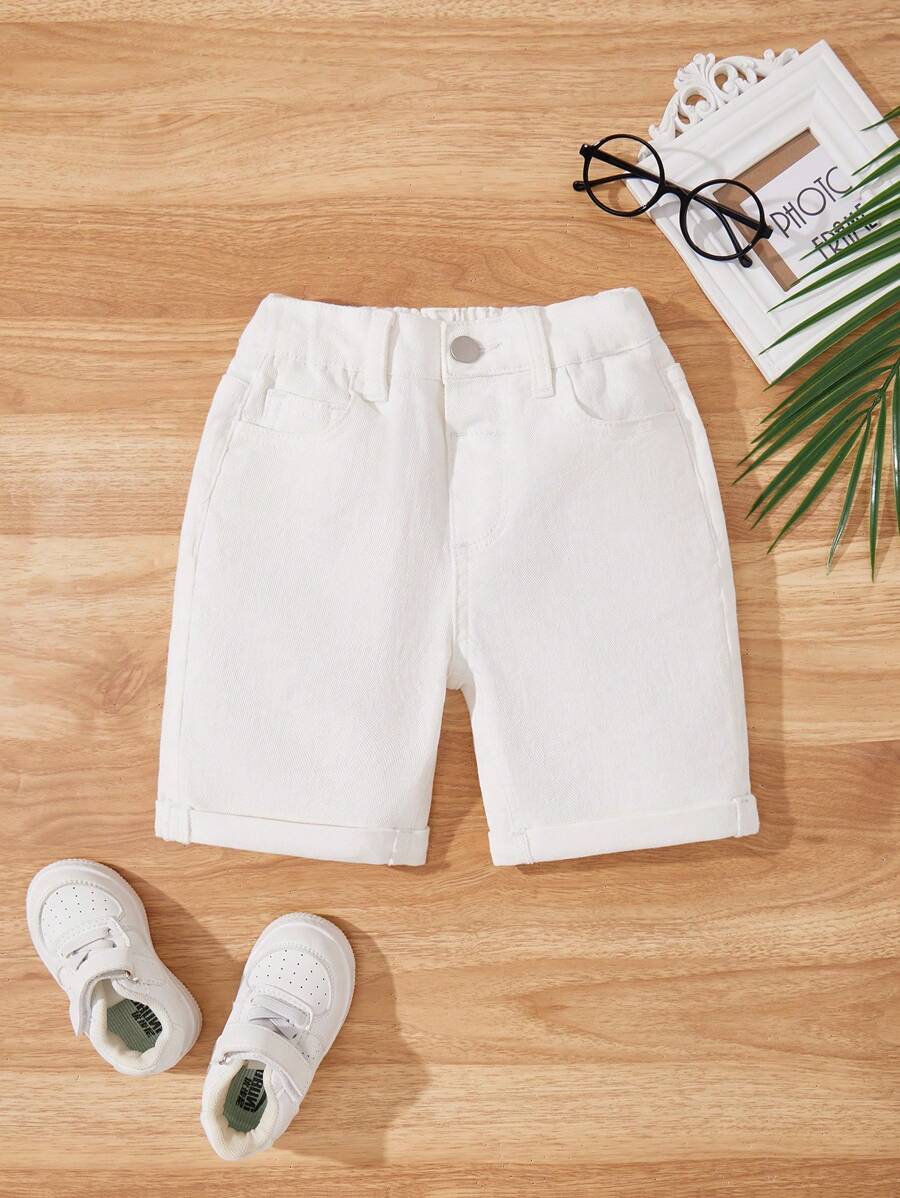 SHEIN Vintaside Kids Young Boy Simple Solid Color Fashion Casual Denim Shorts, Suitable For Summer,Holiday,Summer,Travel, School, Campus, College Summer Holiday - White - View 1