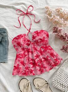 Soleia Women's Casual Holiday Drawstring Chest Ruched Halter Backless Bodycon Tank Top, Suitable For Summer Resort, Floral Print Suitable For Going Out - Multicolor - View 1