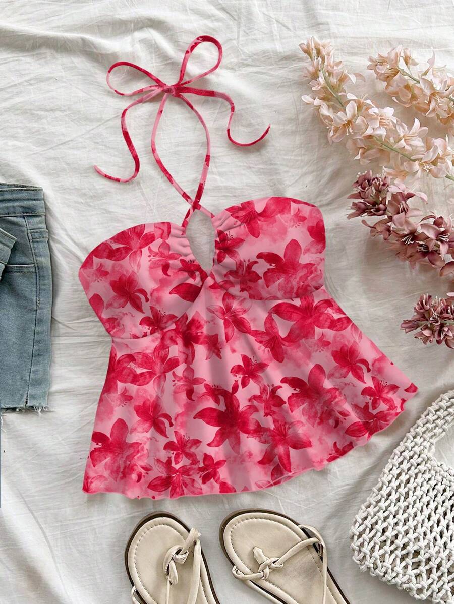 Soleia Women's Casual Holiday Drawstring Chest Ruched Halter Backless Bodycon Tank Top, Suitable For Summer Resort, Floral Print Suitable For Going Out - Multicolor - View 1