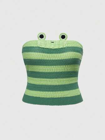 Kawaii Plus Size Women Frog Applique Striped Bandeau Knit Top