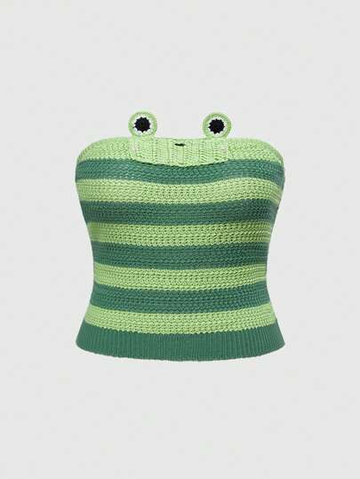 Kawaii Plus Size Women Frog Applique Striped Bandeau Knit Top