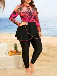 Swim Mulvari 3Pcs/Set Plus Size Women Graphic Print Camisole Top, High Waist Panty & Mesh Overlay Skirt, Modest Middle East Style, Casual Beach Swimwear Set For Summer Beach Vacation