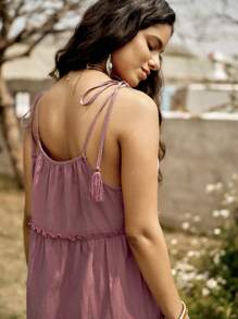 LanaWest Spaghetti Strap Shell Trim Tassel Patchwork Women Dress