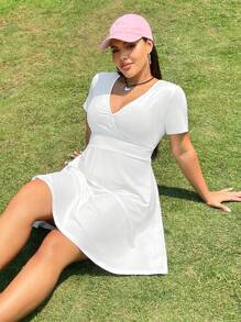 SHEIN EZwear Vestido corto de verano de manga corta con cintura elástica y vuelo en unicolor para mujer - Blanco - Ver 6