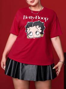 Betty Boop x SHEIN 夏季可爱锐舞音乐会度假海滩休闲波西米亚性感优雅复古Y2K酷炫红色大码字母和图案圆领短袖宽松T恤 - 紅色 - 查看 7