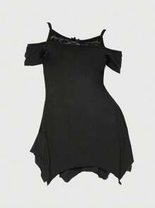 ROMWE Goth Große Größen Sommer Strandkonzert T-Shirt, Damen Rave T-Shirt Festival Streetwear Gotischer mysteriöser Katze Stern Totenkopf Muster asymmetrischer Saum Carmen-Bluse Off-Shoulder Spitzen Camisole Schwarz T-Shirt