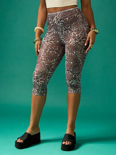 MISSGUIDED Athletic Mesh Leopard Print Cropped Compression Leggings Exercise Workout Running Dance Performance Studio High-Rise Moisture-Wicking Quick-Dry Capri Length