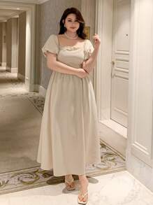 Dazy Plus Plus Size Chiffon Puff Sleeve Off Shoulder Wrap Dress With Flared Hem