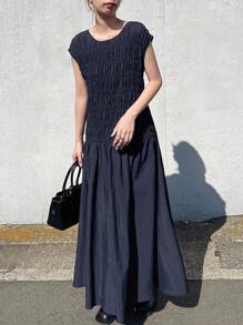 FRIFUL Vestido feminino sem mangas com franzido e cintura franzida assimétrica, vestido elegante de cor sólida, verão, babados - Azul marinho - Ver 7