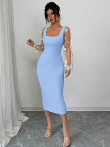 Elenzga Váy len bó sát bodycon ren hoa cổ vuông thanh lịch, tay lỡ, xuyên thấu, nhún bèo cho kỳ nghỉ hè - Màu xanh lam - Xem 4