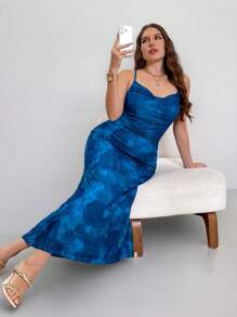 Firerie Plus Size Elegant Commuting Workplace Stylish Vacation Refined Afternoon Tea Slightly Sexy Date Music Concert Party INS Vintage Academic Beachside Photo Shoot Strap Draped Neck Fitted Long Mermaid Dress, Blue Tie Dye Gradient Printing Mesh, Suitable For Valentine's Day, Music Festival